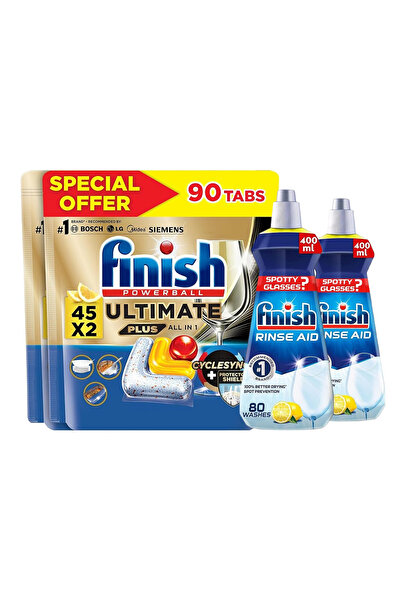 Finish ألتيميت بلس 45 قرصًا × 2 + مساعد شطف بنكهة الليمون الفوار 400 مل × 2