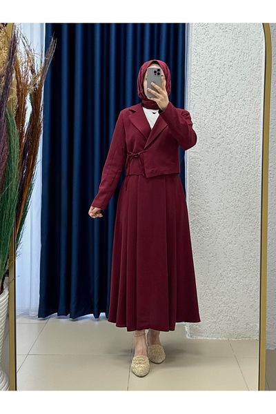 MİHRA STORE Ela Jacket Side Tie Interlock Skirt Suit-Ek-Z-227 Burgundy