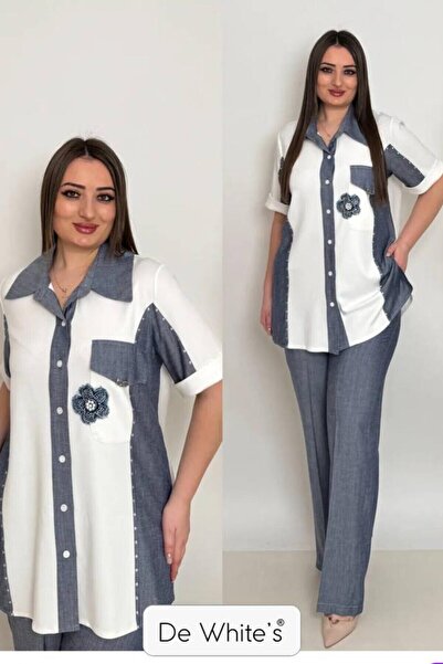 DE WHITES Plus Size Garnish 2 Piece Shirt and Trousers Suit