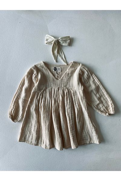rg kidsstore Rochie pentru copii din muselină cu mânecă lungă plisată cu decolteu în V