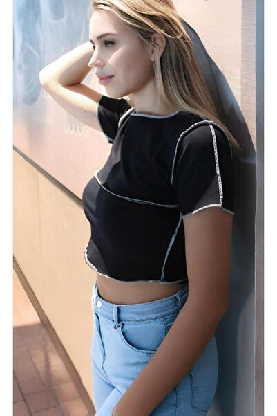 Köstebek Tricou negru simplu pe jumătate cu cusături albe