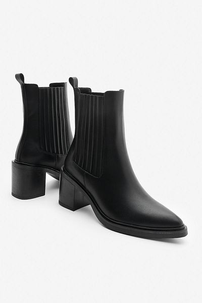 Marjin Black Pointed Toe Double Elastic Thick Heeled Women's Boots