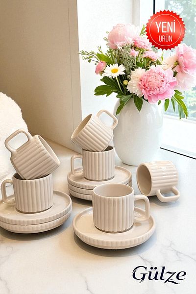 GÜLZE HOME 6-Person (12 Pieces) Saturn Model Luxury Coffee Cup Set (Special Design, Real Porcelain)