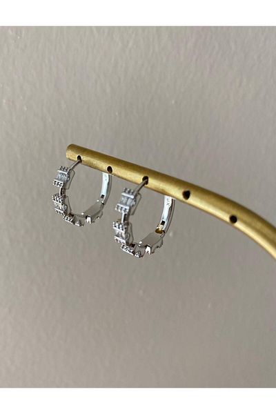marsel aksesuar Xuping Square Stone Detail Medium Size Silver Hoop Earrings