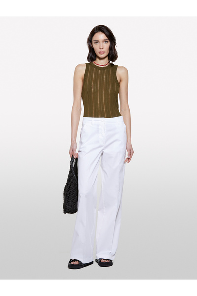 Sisley Women's White Stretch Cotton Regular Waist Wide Leg Pants