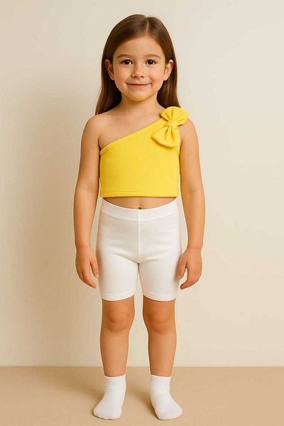 HEREN BUTİK Women/Girls Bow One Shoulder Crop Blouse 100% Cotton Twill Stretch Fabric Yellow