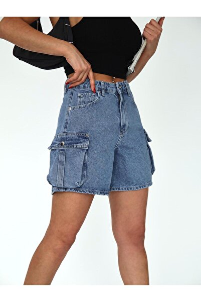 XBELLA DENİM Kadın Yüksek Bel Kargo Cep Ve Pens Detaylı Denim Şort