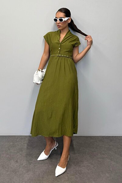 Madmext Yağ Yeşili Kısa Kollu Midi Boy Kadın Elbise Mg2497