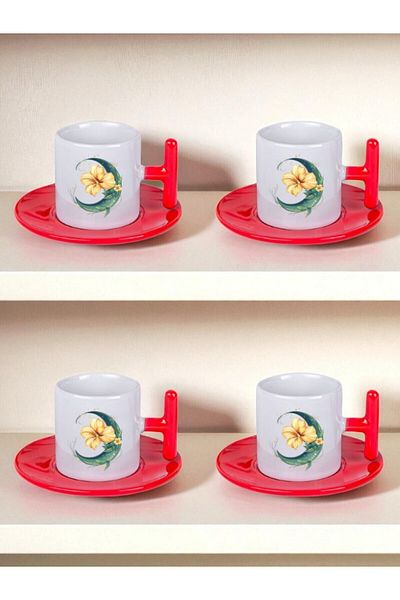 lili hediyelik Flower and Moon Printed Set of 4 Turkish Coffee Cups Coffee Cups
