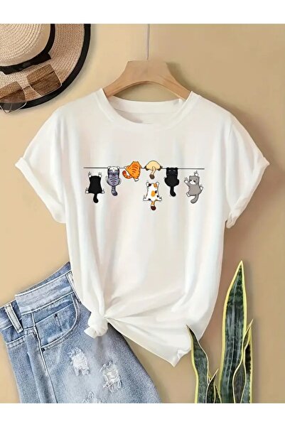 EXPECTED Γυναικείο μπλουζάκι με λευκό χαριτωμένο γάτες με στάμπα βαμβακερό ov...