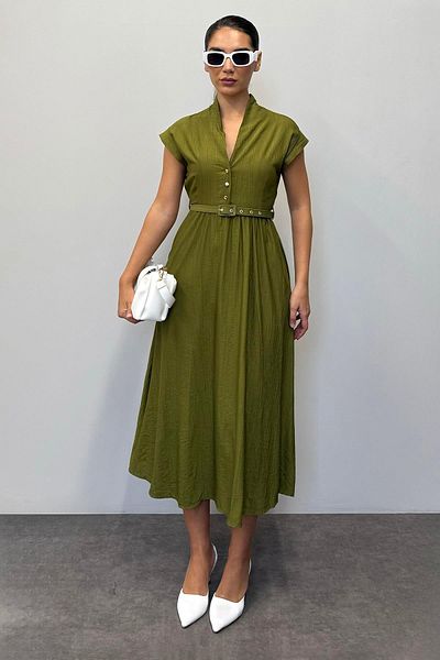Madmext Γυναικείο φόρεμα Oil Green κοντομάνικο Midi μήκους Mg2497
