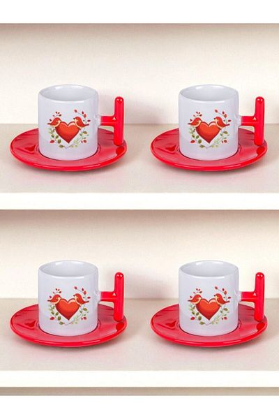 lili hediyelik Heart and Bird Printed Set of 4 Turkish Coffee Cups Coffee Cups