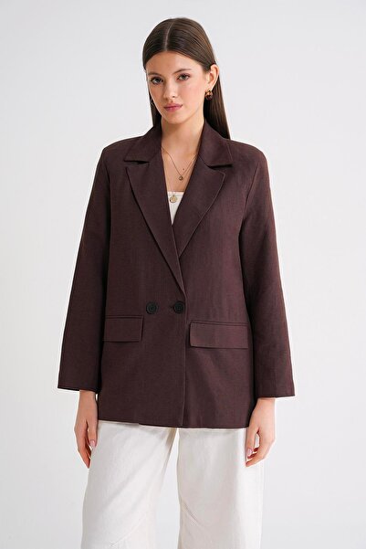 Mixray 4685 Women's Double Breasted Linen Jacket Brown