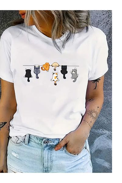 EXPECTED Tricou alb de damă, cu pisici drăguțe, din bumbac, cu croiala relaxată, elegant