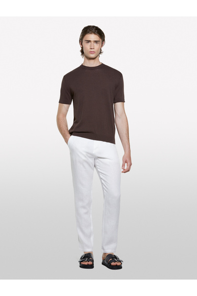 Sisley Men's Off White 100% Linen Slim Comfort Fit Trousers