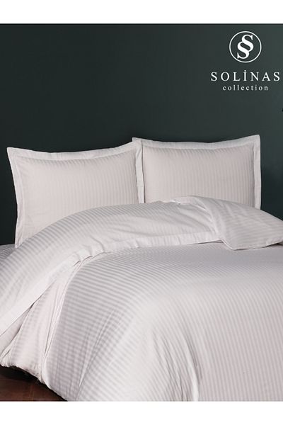 Solinas Collection Lunaria Striped White 100% Cotton Satin Double Duvet Cover Set