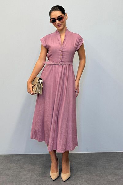Madmext Dusty Rose κοντομάνικο μίντι γυναικείο φόρεμα Mg2497