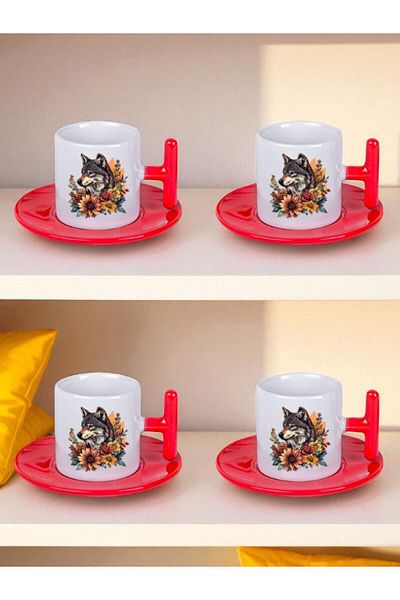 lili hediyelik Floral Wolf Printed Set of 4 Turkish Coffee Cups