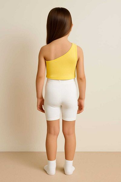 HEREN BUTİK Women/Girls Bow One Shoulder Crop Blouse 100% Cotton Twill Stretch Fabric Yellow