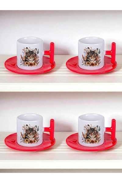 lili hediyelik Floral Cat Printed Set of 4 Turkish Coffee Cups