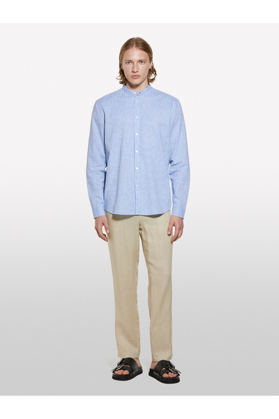 Sisley Cămașă pentru bărbați, albastru deschis, amestec de in, cu croială normală, cu guler Hakim