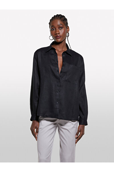 Sisley Γυναικείο μαύρο πουκάμισο 100% λινό με κουμπιά και μακρυμάνικο πουκάμισο με τσέπη στο στήθος