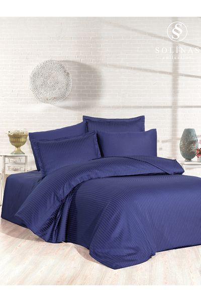 Solinas Collection Noctra Striped Navy Blue 100% Cotton Satin Double Duvet Cover Set