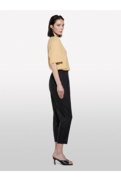 Sisley Women's Black 100% Linen Elastic Waist Front Pleated Trousers