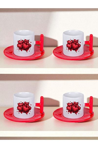 lili hediyelik Stacked Hearts Printed Set of 4 Turkish Coffee Cups