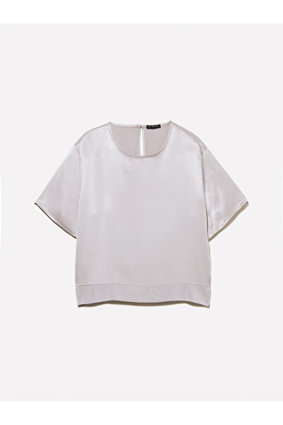 Sisley Women's Gray 100% Viscose Oversize Crew Neck Satin Blouse with Side Slits