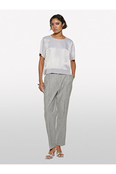 Sisley Women's Gray 100% Viscose Oversize Crew Neck Satin Blouse with Side Slits