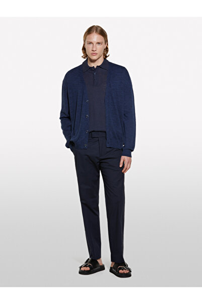 Sisley Men's Dark Navy Blue Linen Blended Knitwear Polo T-Shirt