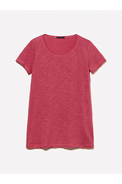 Sisley Women's Dark Pink Cotton Modal Blend Crew Neck T-Shirt