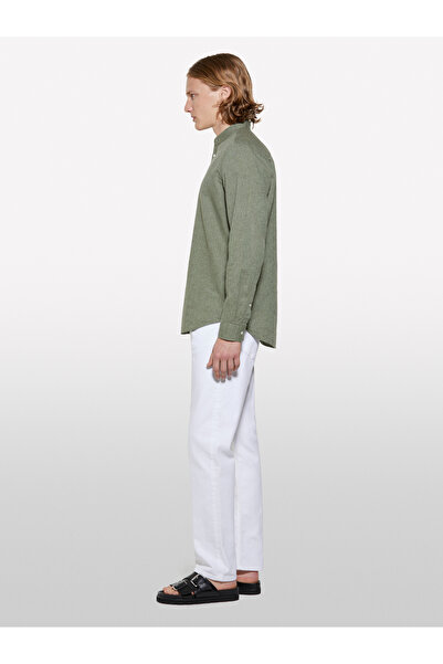 Sisley Ανδρικό πουκάμισο με γιακά δικαστή σε ανοιχτό πράσινο λινό μείγμα κανονικής εφαρμογής