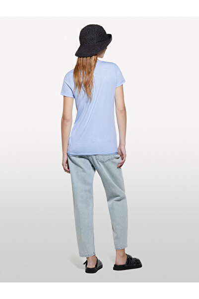 Sisley Women's Light Blue Cotton Modal Blended Crew Neck T-Shirt