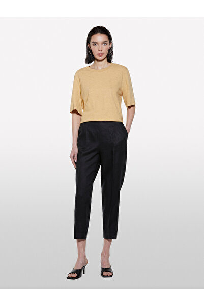 Sisley Women's Black 100% Linen Elastic Waist Front Pleated Trousers