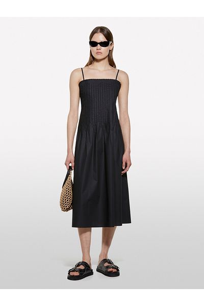 Sisley Women's Black 100% Cotton Pleated Plain Collar Strap Poplin Dress
