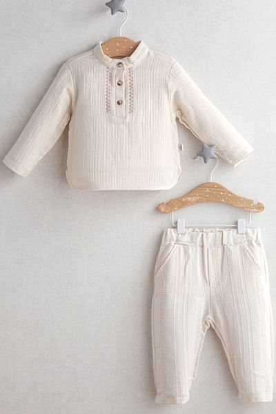 MixMax Bebe Baby Boy Ceremony Boy Bottom Top Set Ecru Color 100% Cotton