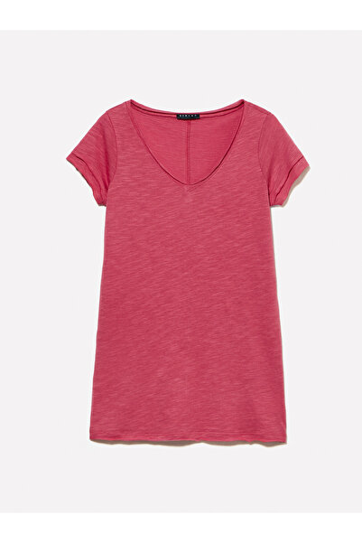 Sisley Women's Dark Pink Cotton Modal Blend V-Neck T-Shirt
