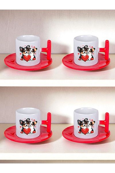 lili hediyelik Heart and Dog Printed Set of 4 Turkish Coffee Cups