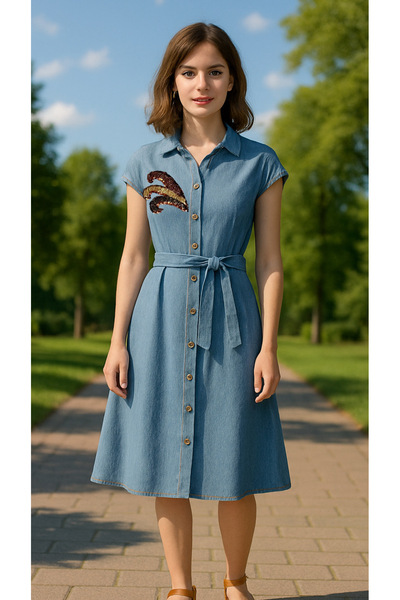 GZ Design Bakır ve Gold İşlemeli Midi Boy Açık Renk  Jean Elbise