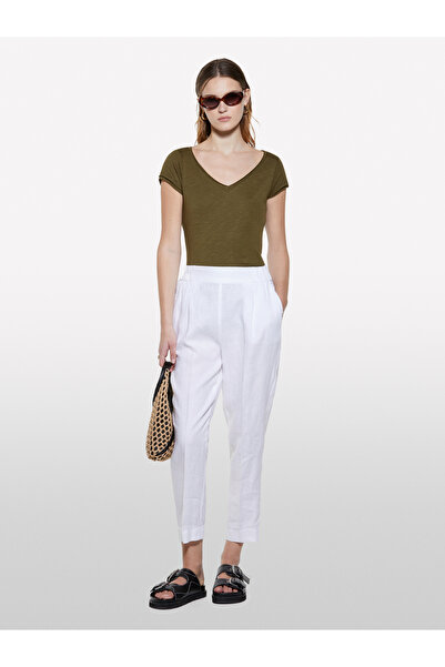 Sisley Women's Dark Khaki Cotton Modal Blend V-Neck T-Shirt