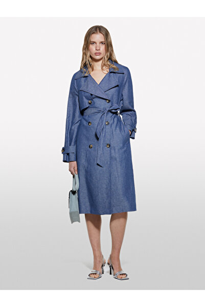 Sisley Kadın Denim Keten Karışımlı Kemerli Kruvaze Midi Trençkot