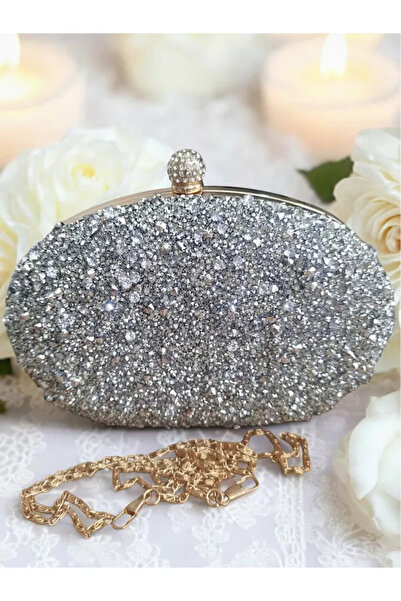 Jale Kadın Şık Gümüş Kol Ve Omuz Clutch Portföy Taşlı Abiye Çanta
