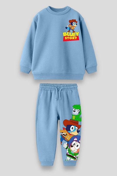 Magu Unisex Kids Blue Bluey Toy Stoyry Patterned Winter 3 Thread Cotton Sweatshirt Tracksuit Top and Bottom Set