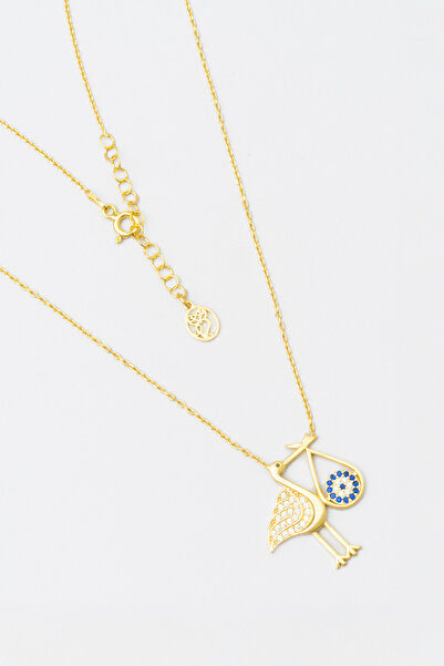 So CHIC... Leylek Figürlü 18 Ayar Sarı Altın Kaplama 46 Cm Gümüş Nazar Kolye