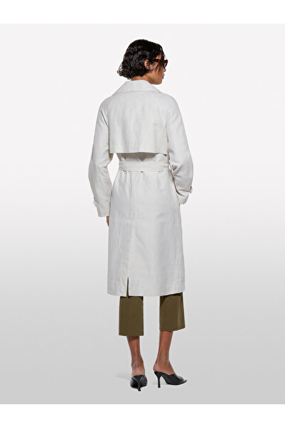 Sisley Kadın Krem Keten Karışımlı Kemerli Kruvaze Midi Trençkot