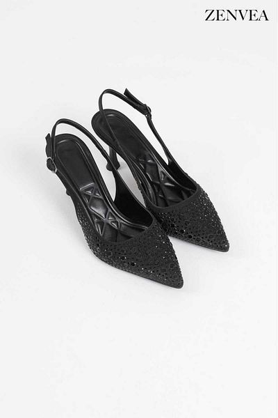 Zenvea Satin Stone Pointed Toe Thin Heel Orthopedic Shoes Heel Height 7 Centimeters