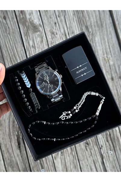 DEEPWELL Siyah Renk Erkek Kol Saati Tespih Bileklik Ve Çakmak Seti Rn04