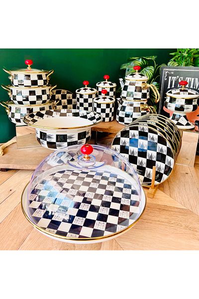 CASA DE BELLA Enamel Checkerboard Patterned 17 Piece Tea Cake Pot Teapot Kitchen Set